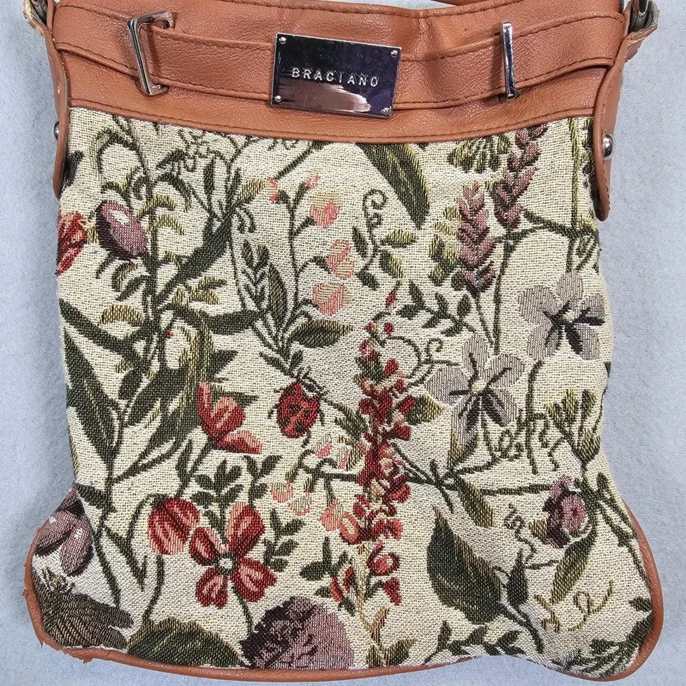 Braciano Floral Tapestry Crossbody Bag Purse Adjustable Strap Brown Trim - Picture 2 of 9